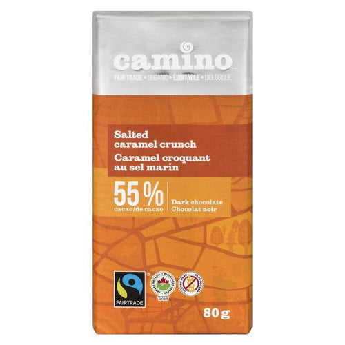 Tablette de chocolat noir, bio, équitable, 55% de cacao au caramel croquant et sel marin - Camino
