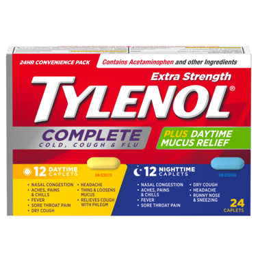 Tylenol Complet Rhume, Toux et Grippe Extra fort plus antimucosités 12 comprimés jour + 12 comprimés nuit - Tylenol