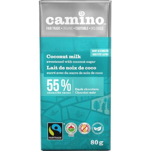 Tablette de chocolat noir, bio, équitable, 55% de cacao au lait de coco - Camino