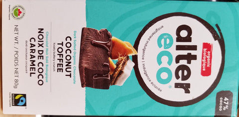 Tablette de chocolat noir bio équitable, vegan, 47%  de cacao à la noix de coco et caramel - Alter Eco