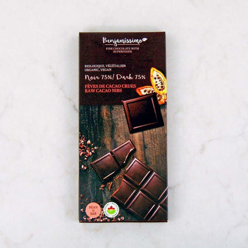 Tablette de chocolat noir bio, vegan, 75% aux fèves crues - Benjamissimo