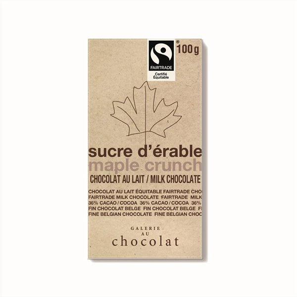 Tablette de chocolat au lait équitable bio au sucre d’érable - Galerie au chocolat