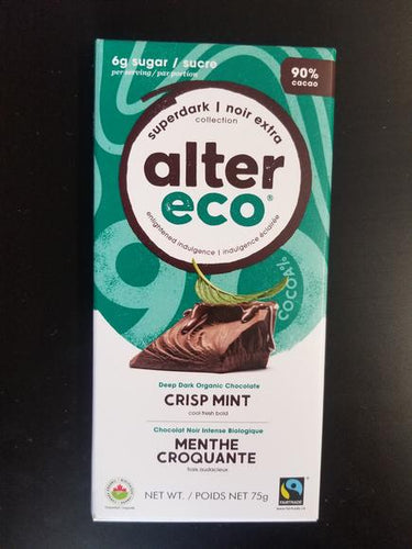 Tablette de chocolat noir bio équitable, vegan, 90%  de cacao à la menthe croquante - Alter Eco