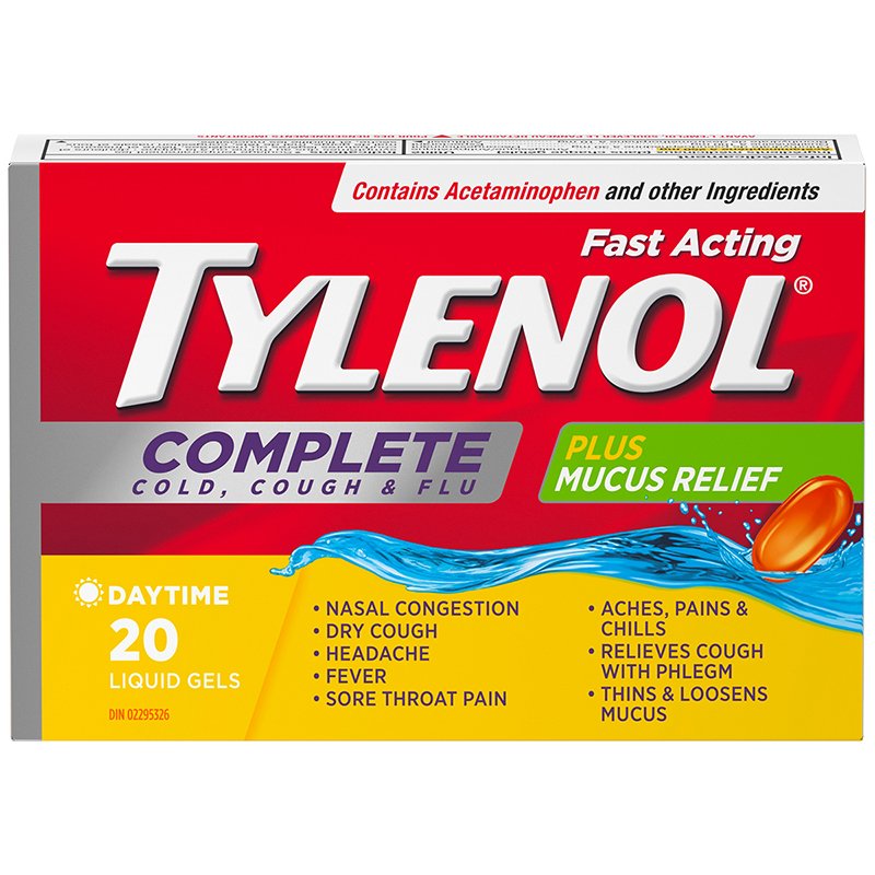 Tylenol Complet Rhume, Toux et Grippe Action rapide plus antimucosités 20 gélules jour - Tylenol