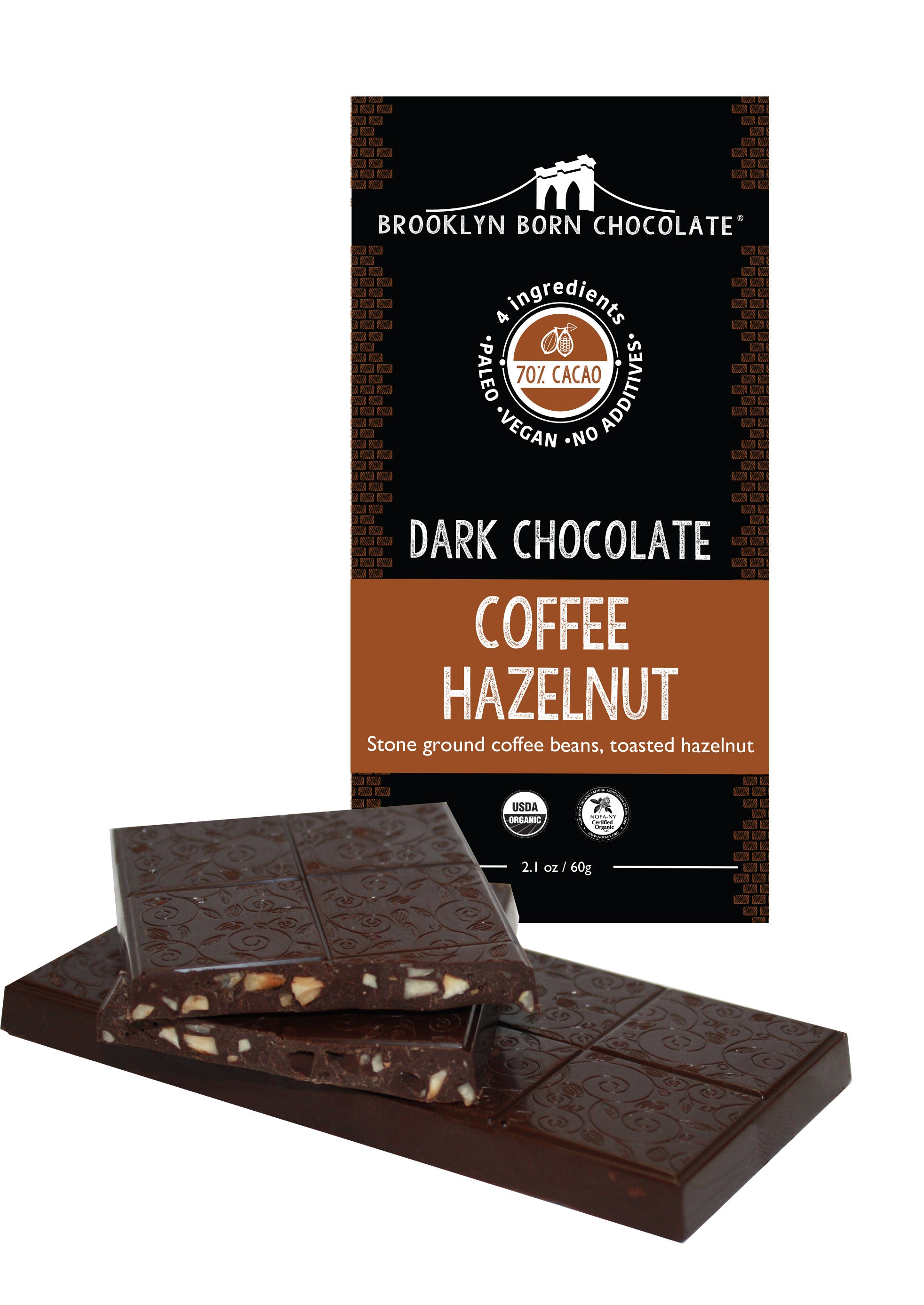 Tablette de chocolat noir bio 70 % de cacao au café et noisettes grillées - Brooklyn Born Chocolate