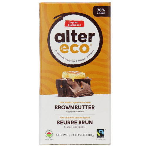 Tablette de chocolat noir bio équitable, vegan, 70%  de cacao au beurre brun - Alter Eco