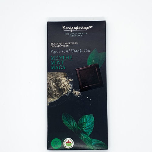 Tablette de chocolat noir bio, vegan, 70%  à la menthe et maca - Benjamissimo