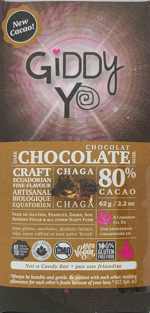 Tablette de chocolat noir bio 80 % de cacao au chaga - Giddy Yo