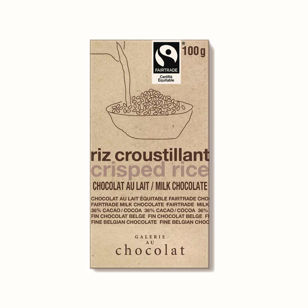 Tablette de chocolat équitable au lait bio au riz croustillant - Galerie au chocolat