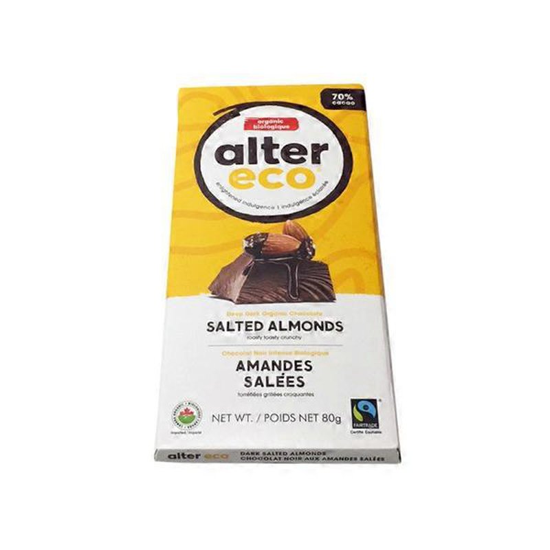 Tablette de chocolat noir bio équitable, vegan, 70%  de cacao aux amandes salées - Alter Eco