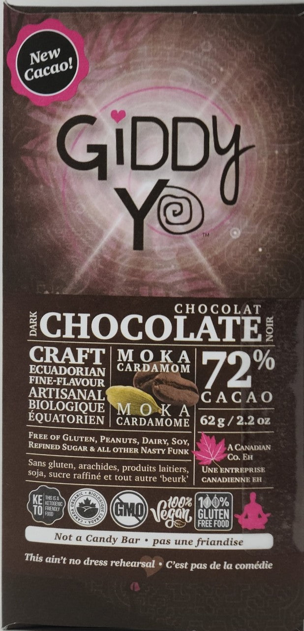 Tablette de chocolat noir bio 72 % de cacao au moka cardamome - Giddy Yo