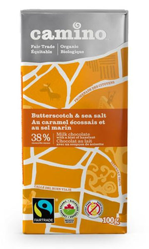 Tablette de chocolat au lait, bio, équitable, 38% de cacao, caramel et sel marin - Camino